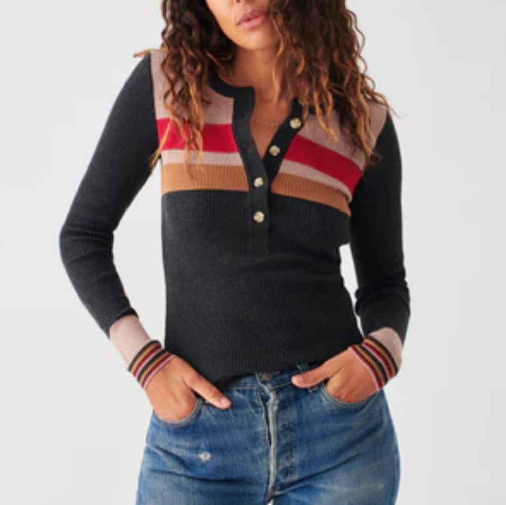 Faherty Henley Sweater Women's M Gray Multi Organic Cotton Cashmere